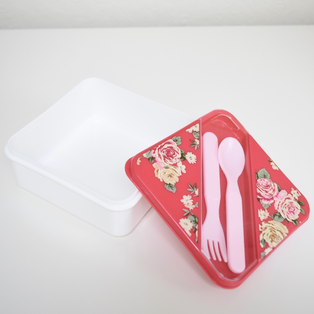 Snack-Tastic Rose Floral Bento Box w/ Spoon/Fork Utensils